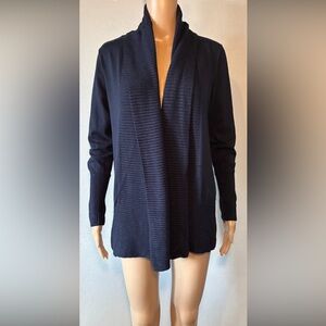 JOAN VASS NEW YORK Blue Tight Knit Open Front Waterfall Long Sleeve Cardigan M